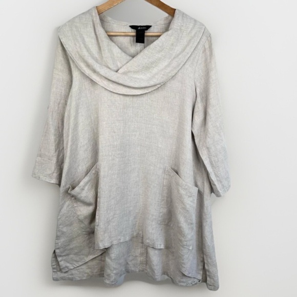 Ali Miles Cowl Neck 3/4 Sleeve Linen Top Oversized with Pockets Beige Size M - Picture 1 of 13